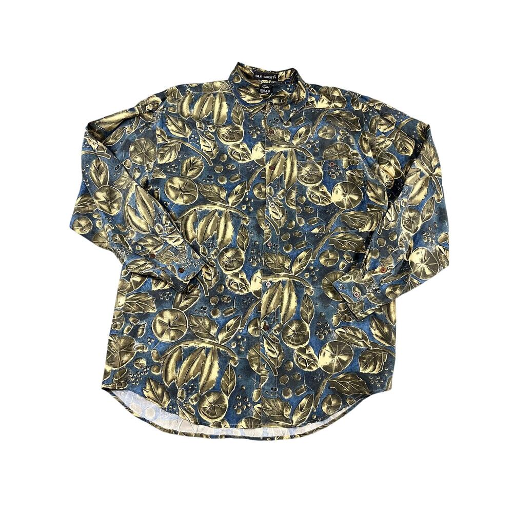 Men’s Silk Society L Blue/Gold Leaf Print 100% Silk Long-Sleeve Shirt – Exc